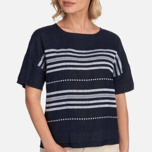 Sympli NYC Linen Embroidered Striped Top Navy White - XL
